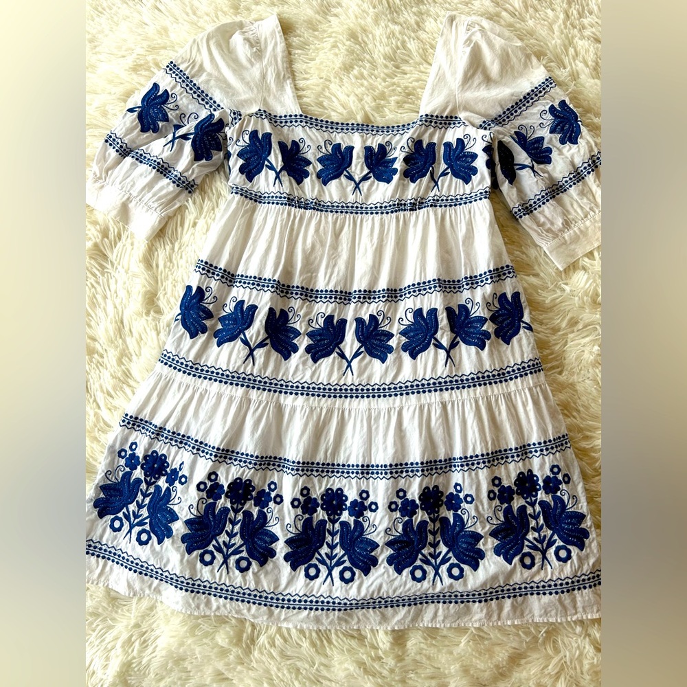Moda International | White and Blue Embroidered Mini Sundress